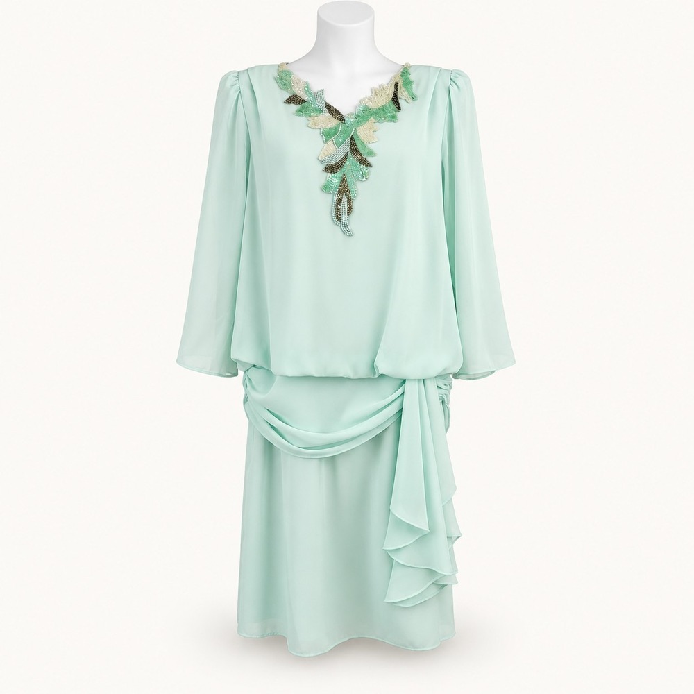 Vintage ABBY KENT Size 11/12 Mint Chiffon Sequin Beaded Drop Waist Blouson Dress